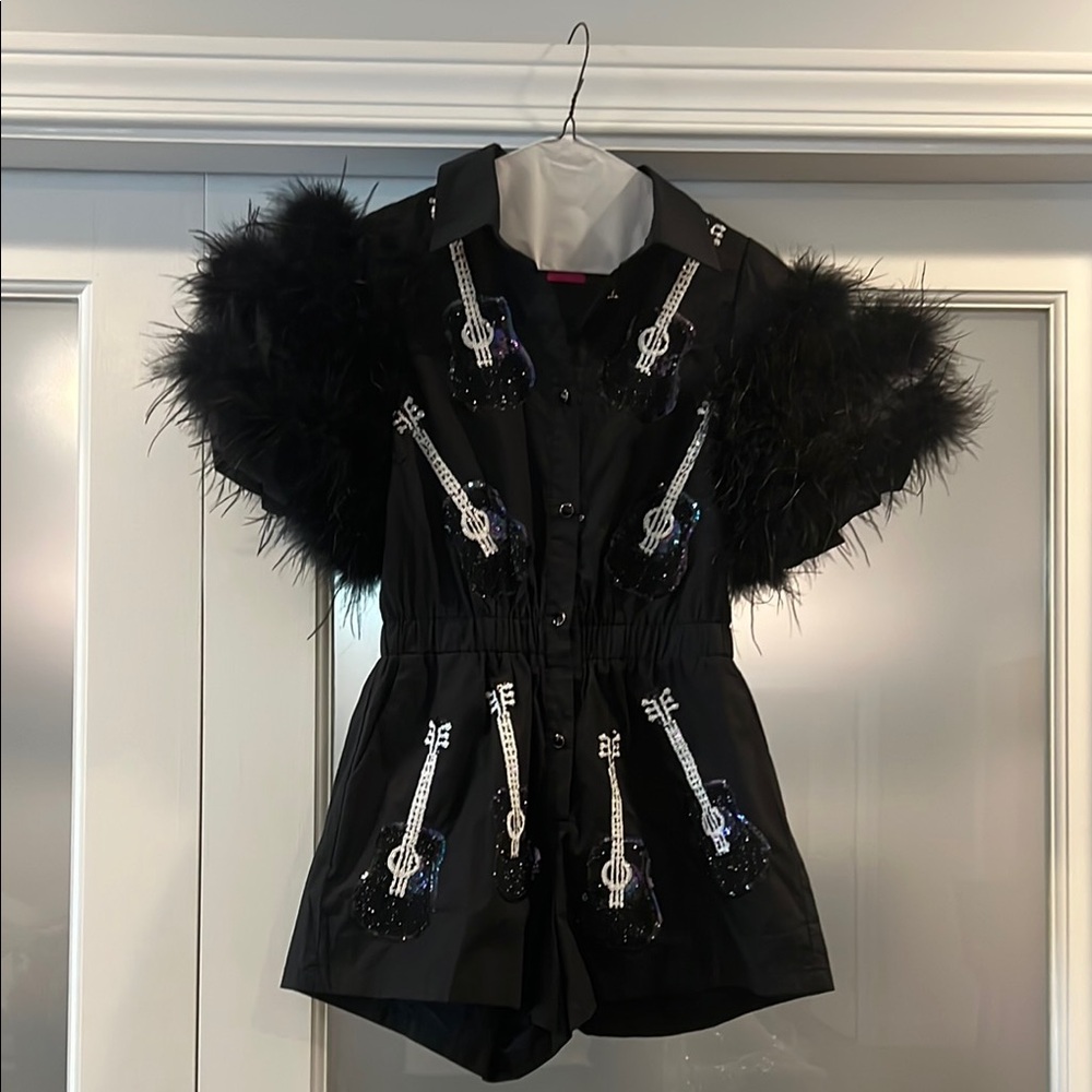 QUEEN OF SPARKLES Black Dance Costume with Feathered Sleeves